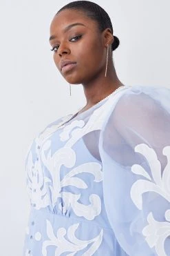 Karen Millen Plus Size Applique Organdie Buttoned Woven Maxi Dress -Karen Millen shop blue plus size applique organdie buttoned woven maxi dress 4