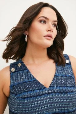 Karen Millen Plus Size Signature Italian Fringed Tweed Mini Dress -Karen Millen shop blue plus size signature italian fringed tweed mini dress 1 2