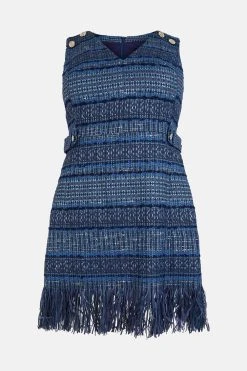 Karen Millen Plus Size Signature Italian Fringed Tweed Mini Dress -Karen Millen shop blue plus size signature italian fringed tweed mini dress 1 3