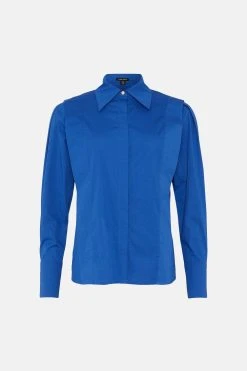 Karen Millen Poplin Bib Panelled Woven Shirt -Karen Millen shop blue poplin bib panelled woven shirt 2