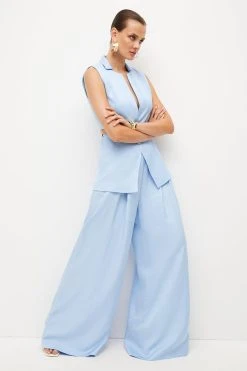 Karen Millen Premium Polished Linen Cut Out Waistcoat -Karen Millen shop blue premium polished linen cut out waistcoat 2