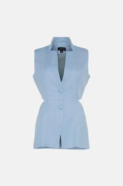 Karen Millen Premium Polished Linen Cut Out Waistcoat -Karen Millen shop blue premium polished linen cut out waistcoat 4
