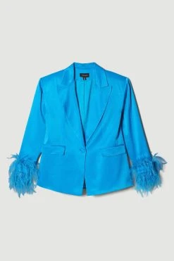 Karen Millen Satin Single Breasted Feather Cuff Blazer -Karen Millen shop blue satin single breasted feather cuff blazer 2