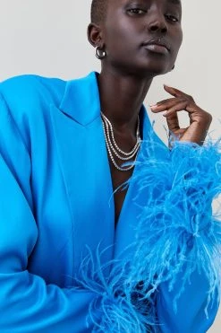 Karen Millen Satin Single Breasted Feather Cuff Blazer -Karen Millen shop blue satin single breasted feather cuff blazer 3