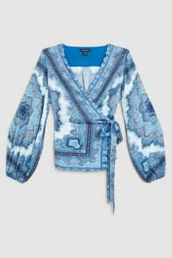 Karen Millen Scarf Printed Hammered Satin Woven Wrap Top -Karen Millen shop blue scarf printed hammered satin woven wrap top 1