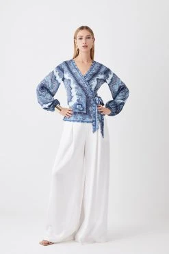 Karen Millen Scarf Printed Hammered Satin Woven Wrap Top -Karen Millen shop blue scarf printed hammered satin woven wrap top 4