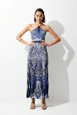 Karen Millen Slinky Knit Mirrored Jacquard Geo Chain Strap Maxi Dress -Karen Millen shop blue slinky knit mirrored jacquard geo chain strap maxi dress 2