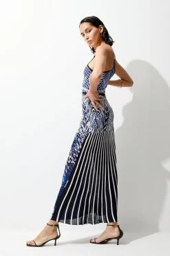 Karen Millen Slinky Knit Mirrored Jacquard Geo Chain Strap Maxi Dress -Karen Millen shop blue slinky knit mirrored jacquard geo chain strap maxi dress 4