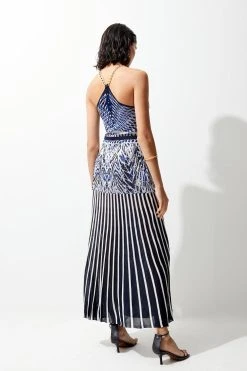 Karen Millen Slinky Knit Mirrored Jacquard Geo Chain Strap Maxi Dress -Karen Millen shop blue slinky knit mirrored jacquard geo chain strap maxi dress 5