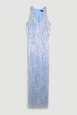 Karen Millen Tall Beaded Fringed V Neck Embellished Maxi Dress -Karen Millen shop blue tall beaded fringed v neck embellished maxi dress 1