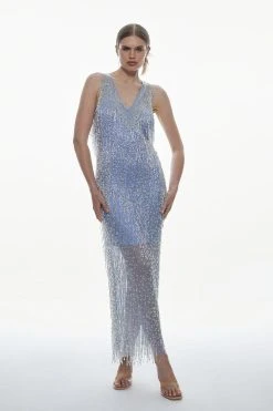 Karen Millen Tall Beaded Fringed V Neck Embellished Maxi Dress -Karen Millen shop blue tall beaded fringed v neck embellished maxi dress 3