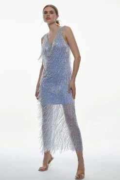 Karen Millen Tall Beaded Fringed V Neck Embellished Maxi Dress -Karen Millen shop blue tall beaded fringed v neck embellished maxi dress 4