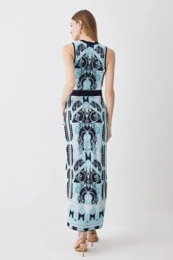 Karen Millen Tall Slinky Jacquard Sleeveless Knitted Maxi Dress 8 Karen Millen Tall Slinky Jacquard Sleeveless Knitted Maxi Dress -Karen Millen shop blue tall slinky jacquard sleeveless knitted maxi dress 1