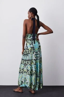 Karen Millen Tall Slinky Knit Jacquard Geo Maxi Column Dress -Karen Millen shop blue tall slinky knit jacquard geo maxi column dress 3