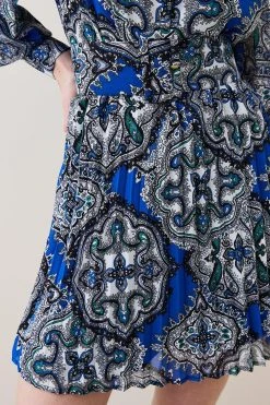 Karen Millen Tile Print Georgette Pleated Woven Mini Dress -Karen Millen shop blue tile print georgette pleated woven mini dress 1