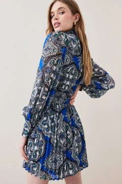Karen Millen Tile Print Georgette Pleated Woven Mini Dress -Karen Millen shop blue tile print georgette pleated woven mini dress 3