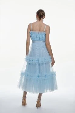 Karen Millen Tulle Bandeau Tiered Midi Dress -Karen Millen shop blue tulle bandeau tiered midi dress 1