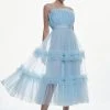 Karen Millen Tulle Bandeau Tiered Midi Dress -Karen Millen shop blue tulle bandeau tiered midi dress