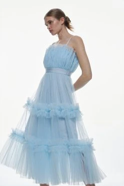 Karen Millen Tulle Bandeau Tiered Midi Dress -Karen Millen shop blue tulle bandeau tiered midi dress 3