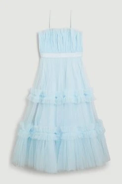 Karen Millen Tulle Bandeau Tiered Midi Dress -Karen Millen shop blue tulle bandeau tiered midi dress 4