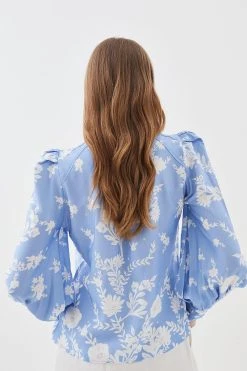 Karen Millen Viscose Linen Embroidered Blouse -Karen Millen shop blue viscose linen embroidered blouse 1