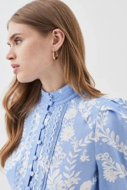 Karen Millen Viscose Linen Embroidered Blouse -Karen Millen shop blue viscose linen embroidered blouse 2