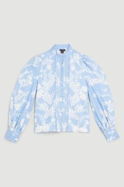 Karen Millen Viscose Linen Embroidered Blouse -Karen Millen shop blue viscose linen embroidered blouse 3