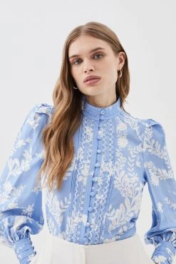 Karen Millen Viscose Linen Embroidered Blouse -Karen Millen shop blue viscose linen embroidered blouse 4