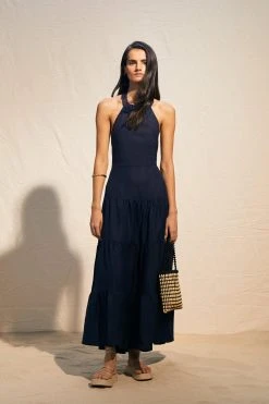 Karen Millen Viscose Linen Halterneck Tiered Maxi Dress -Karen Millen shop blue viscose linen halterneck tiered maxi dress 3