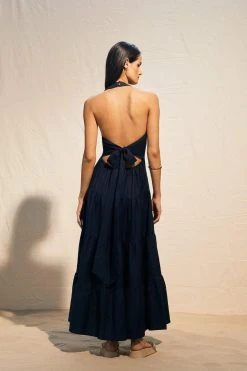 Karen Millen Viscose Linen Halterneck Tiered Maxi Dress -Karen Millen shop blue viscose linen halterneck tiered maxi dress 4