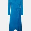 Karen Millen Viscose Satin Back Crepe Drape Midi Dress -Karen Millen shop blue viscose satin back crepe drape midi dress