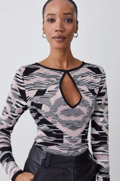 Karen Millen Abstract Jacquard Cut Out Detail Knitted Jumper -Karen Millen shop blush abstract jacquard cut out detail knitted jumper 2