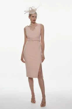 Karen Millen Compact Stretch Scallop Detail Midi Dress -Karen Millen shop blush compact stretch scallop detail midi dress 4