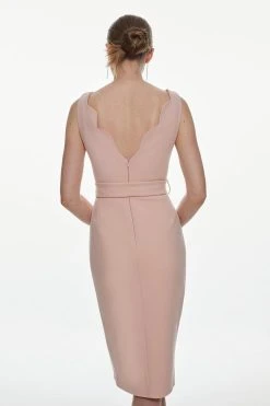 Karen Millen Compact Stretch Scallop Detail Midi Dress -Karen Millen shop blush compact stretch scallop detail midi dress 5