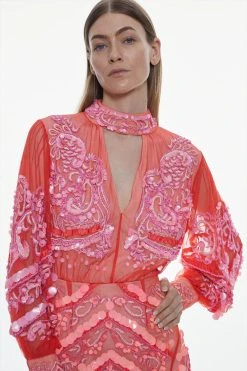 Karen Millen Ombre Sequin And Embroidered Maxi Dress -Karen Millen shop blush ombre sequin and embroidered maxi dress 1 2