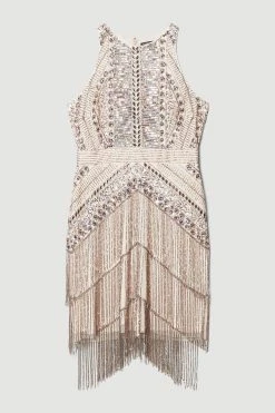 Karen Millen Petite Embellished Halter Fringed Mini Dress -Karen Millen shop blush petite embellished halter fringed mini dress 2