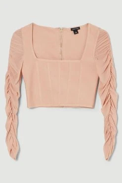 Karen Millen Ruched Mesh Square Neck Bandage Top 8 Karen Millen Ruched Mesh Square Neck Bandage Top -Karen Millen shop blush ruched mesh square neck bandage top 2