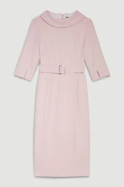 Karen Millen Structured Crepe Roll Neck Pencil Midi Dress -Karen Millen shop blush structured crepe roll neck pencil midi dress 3