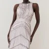 Karen Millen Tall Halter Neck Beaded And Embellished Fringed Mini -Karen Millen shop blush tall halter neck beaded and embellished fringed mini