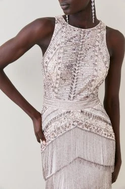 Karen Millen Tall Halter Neck Beaded And Embellished Fringed Mini -Karen Millen shop blush tall halter neck beaded and embellished fringed mini 3
