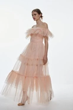 Karen Millen Tulle Corseted Bardot Maxi Dress