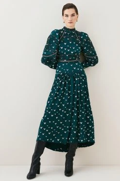 Karen Millen Tall Embroidered Cornelli Tape Woven Dress -Karen Millen shop bottle green tall embroidered cornelli tape woven dress 1