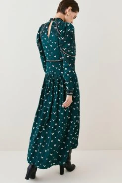 Karen Millen Tall Embroidered Cornelli Tape Woven Dress -Karen Millen shop bottle green tall embroidered cornelli tape woven dress 3