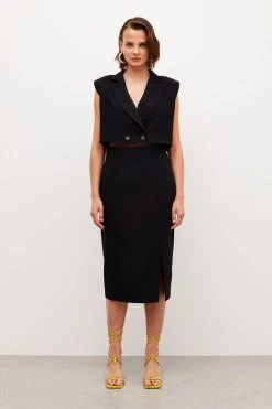 Karen Millen Soft Twill Tailored Sleeveless Tux Midi Dress -Karen Millen shop bright pink soft twill tailored sleeveless tux midi dress 2