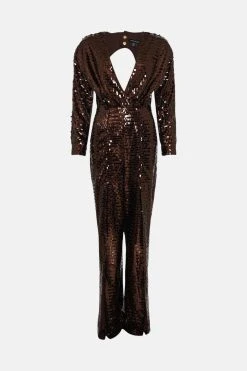 Karen Millen Fringed Sequinned V Neck Jumpsuit -Karen Millen shop bronze fringed sequinned v neck jumpsuit 3