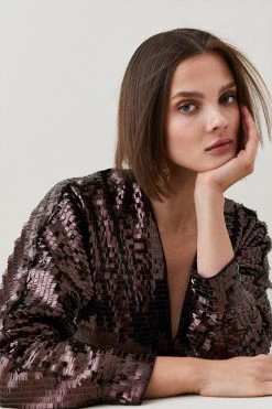 Karen Millen Fringed Sequinned V Neck Jumpsuit -Karen Millen shop bronze fringed sequinned v neck jumpsuit 4