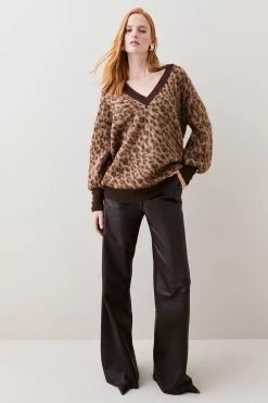 Karen Millen Brushed Leopard Knit V Neck Jumper -Karen Millen shop brushed leopard knit v neck jumper 2