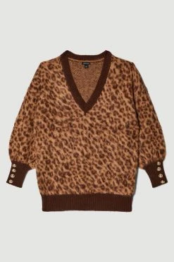 Karen Millen Brushed Leopard Knit V Neck Jumper