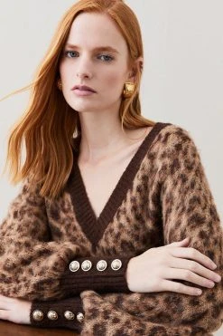 Karen Millen Brushed Leopard Knit V Neck Jumper -Karen Millen shop brushed leopard knit v neck jumper 3