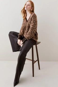 Karen Millen Brushed Leopard Knit V Neck Jumper -Karen Millen shop brushed leopard knit v neck jumper 4